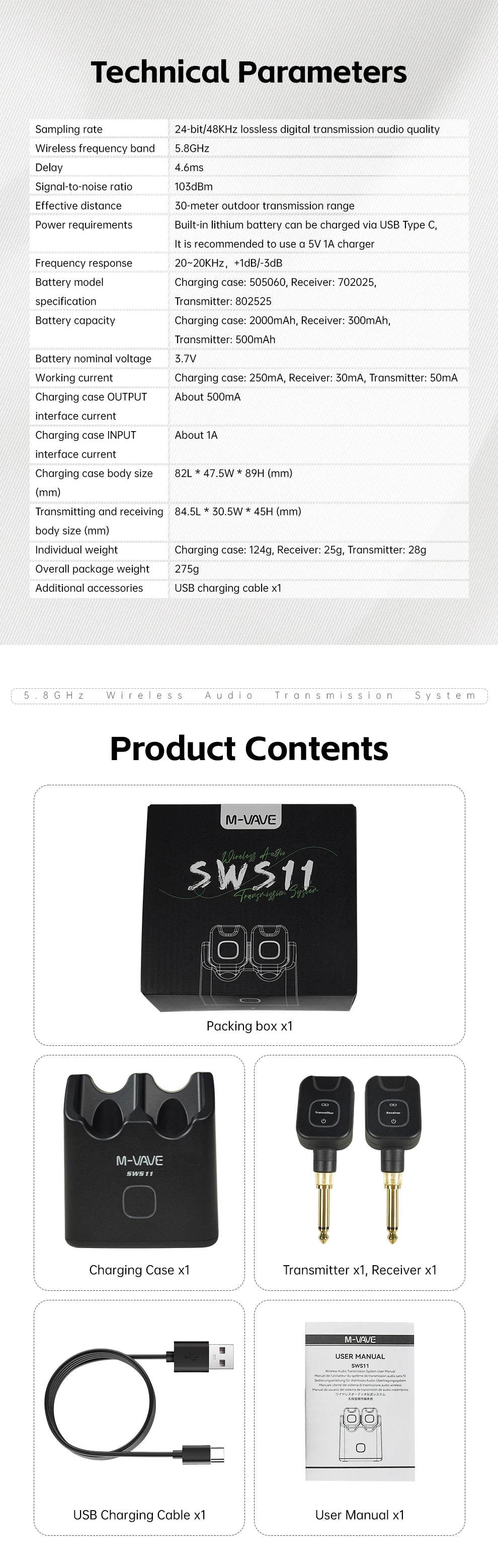 M-VAVE SWS11 Wireless Guitar System 5.8GHz Digital Wireless Guitar Transmitter and Receiver with Portable Charging Case 