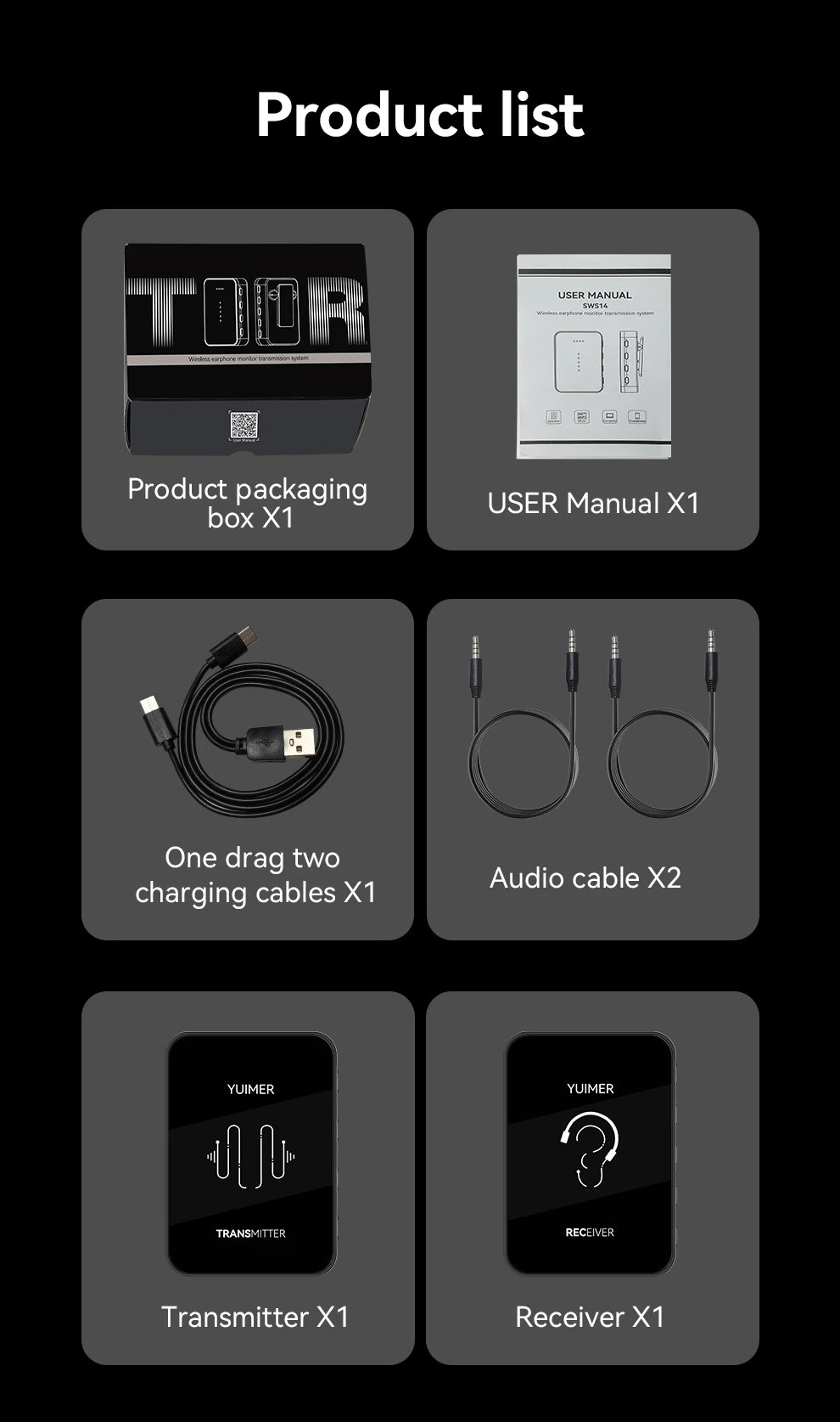 Yuimer SWS-14 2.4G Wireless Earphone Monitor Rechargeable Transmitter Receiver Support Stereo Mono Recording Function