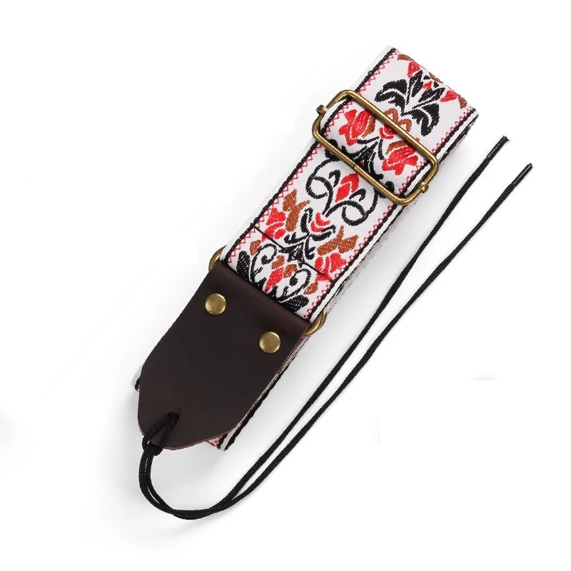 Miwayer Embroidered Guitar Strap Soft Vintage Flowers Adjustable Creative Watch Bands Cotton Belt & Leather Head