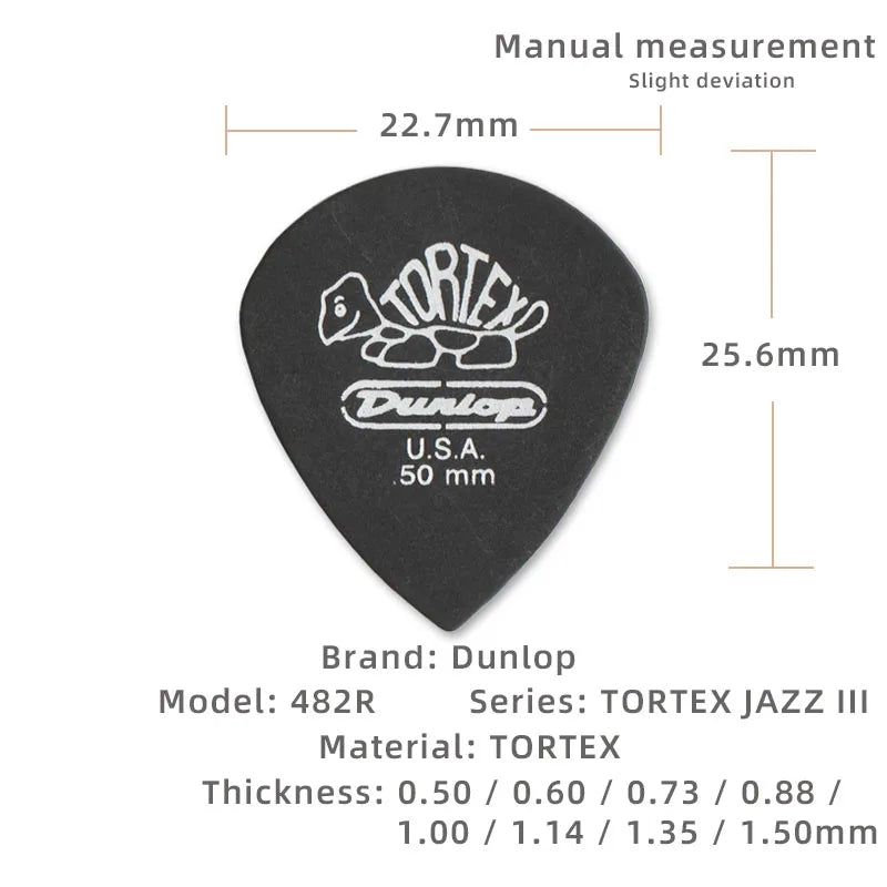 Dunlop Pick. 482R JAZZ 3 TORTEX material non-slip electric guitar pick. Thickness: 0.50/0.60/0.73/0.88/1.00/1.14 mm.