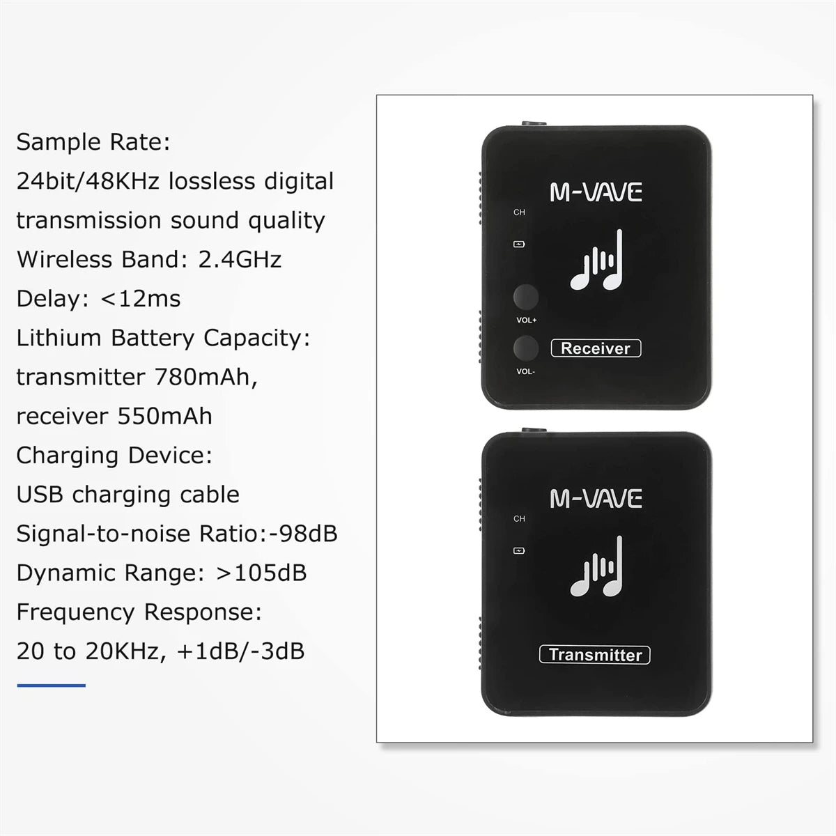 M-vave WP-10 2.4G Wireless System Earphone Monitor Transmission System Rechargeable Transmitter Receiver Mono Recording Function