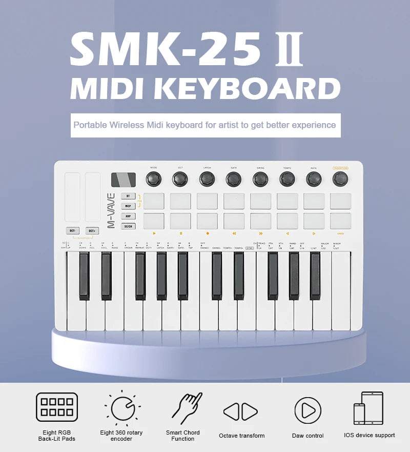 M-VAVE SMK-25 II MIDI Pad Controller Keyboard USB Mini 25 Key,16 RGB Drum Pads,8 Knobs and Music Production,Software Included
