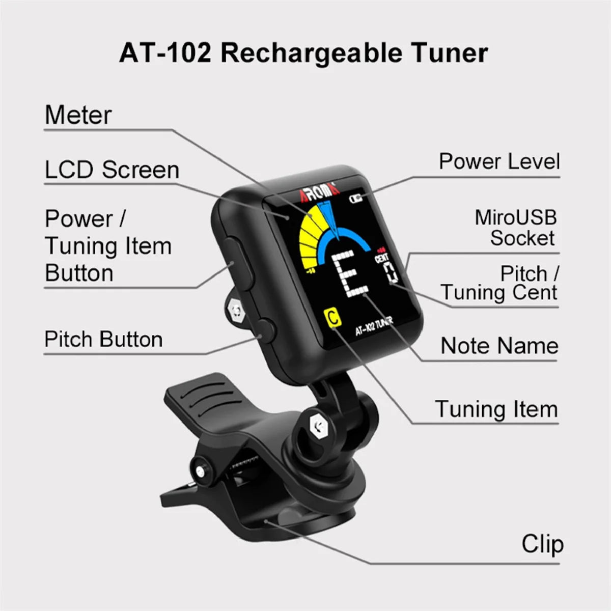 AROMA Rechargeable tuner AT-102 Black, USB Rechargeable Built‑in Battery  Large LCD 360 Degree for Guitar/Bass/Ukulele/Violin