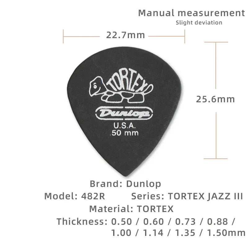 Dunlop Pick. 482R JAZZ 3 TORTEX material non-slip electric guitar pick. Thickness: 0.50/0.60/0.73/0.88/1.00/1.14 mm.