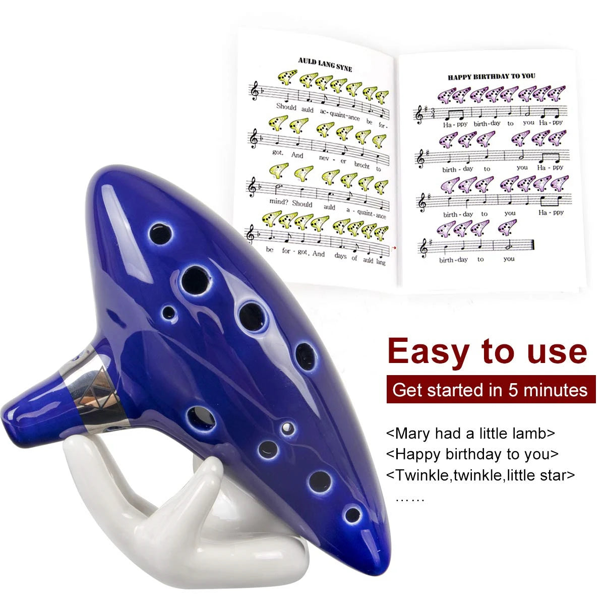 Ocarina,12 Tones Alto C Ceramic Ocarina Musical Instrument with Song Book Neck String Neck Cord Carry Bag, Blue
