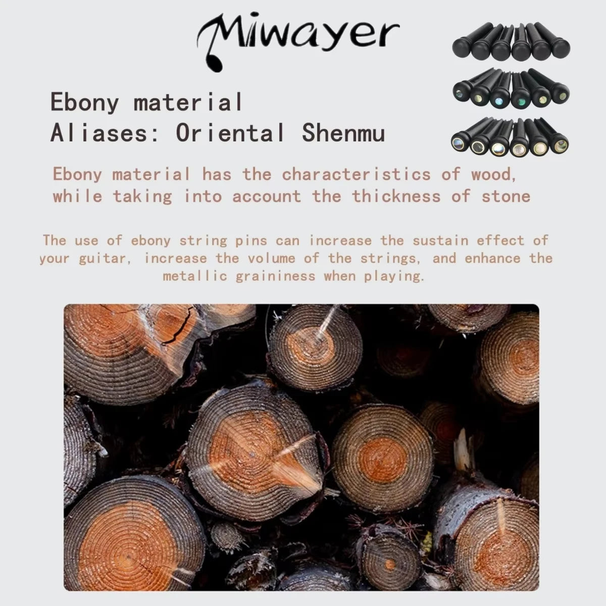 Miwayer Ebony Guitar Bridge Pins 6pcs for 6 & 12 String Acoustic Guitar Fixed String Nails