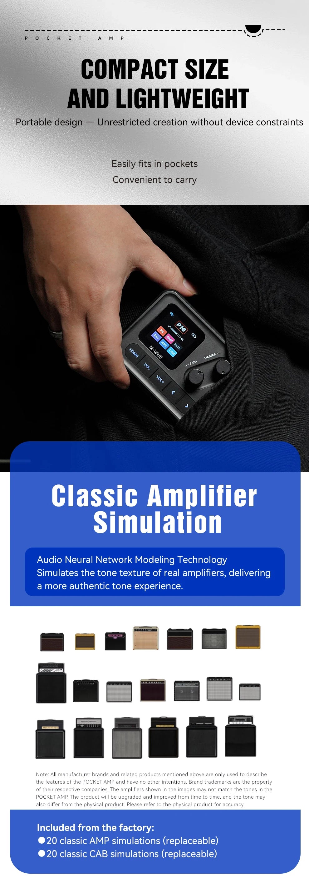 M-VAVE Pocket AMP Mini Guitar Bass Amp 1.54 LCD Color Screen 1450mAh Custom Multi-Function APP Control Desktop Effects Processor