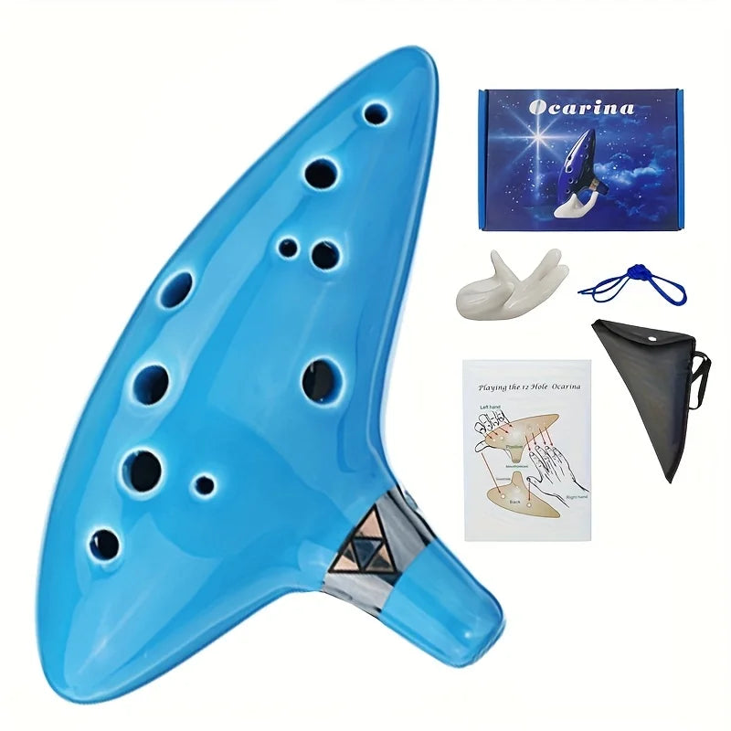 Ocarina,12 Tones Alto C Ceramic Ocarina Musical Instrument with Song Book Neck String Neck Cord Carry Bag, Blue