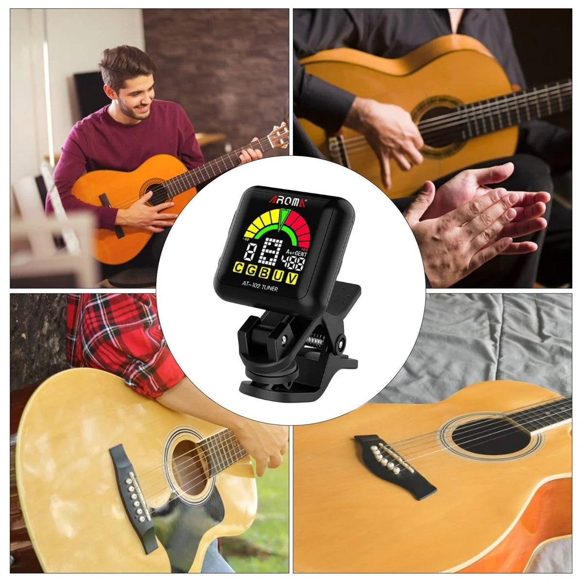 AROMA Rechargeable tuner AT-102 Black, USB Rechargeable Built‑in Battery  Large LCD 360 Degree for Guitar/Bass/Ukulele/Violin
