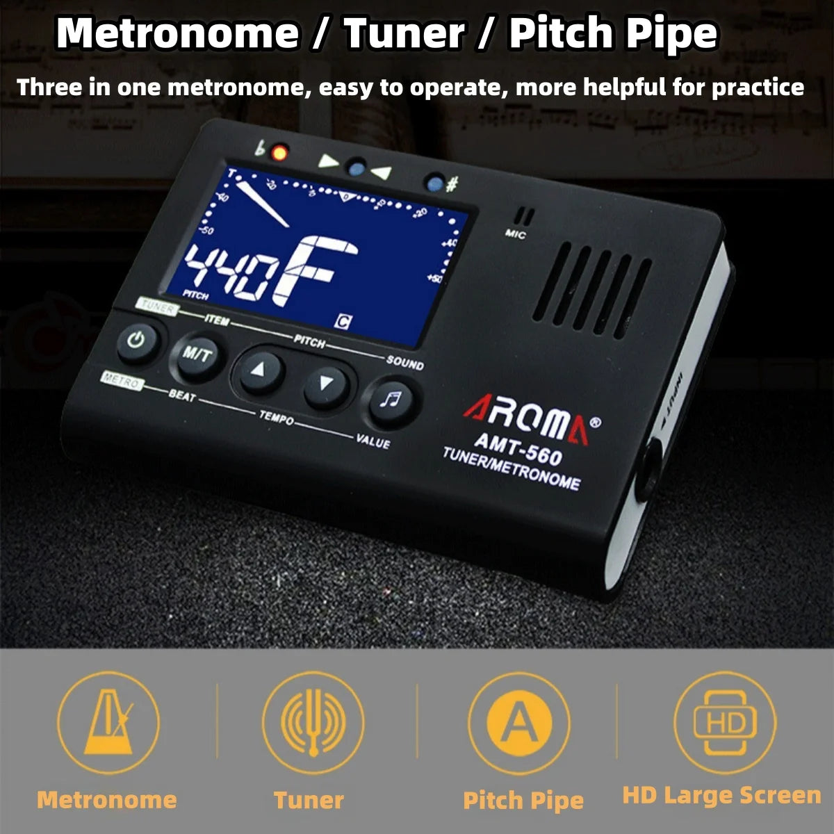 Aroma AMT-560 3 in 1 Electric Guitar Metronome Tuner Built-in Mic w/ Pickup Cable 6.3mm for Guitar Chromatic Bass Violin Ukulele