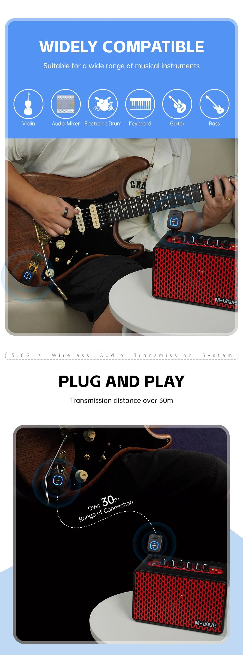 M-VAVE SWS11 Wireless Guitar System 5.8GHz Digital Wireless Guitar Transmitter and Receiver with Portable Charging Case ﻿