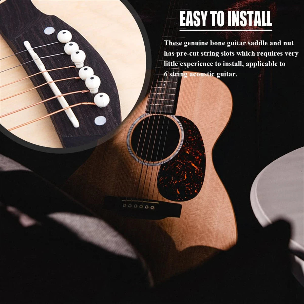 Guitar Bridge 1pairs 6/12 String Acoustic, Classical, YMH Real Bone Guitar Nut Saddle, Unbleached and White, Made of Bovine Bone