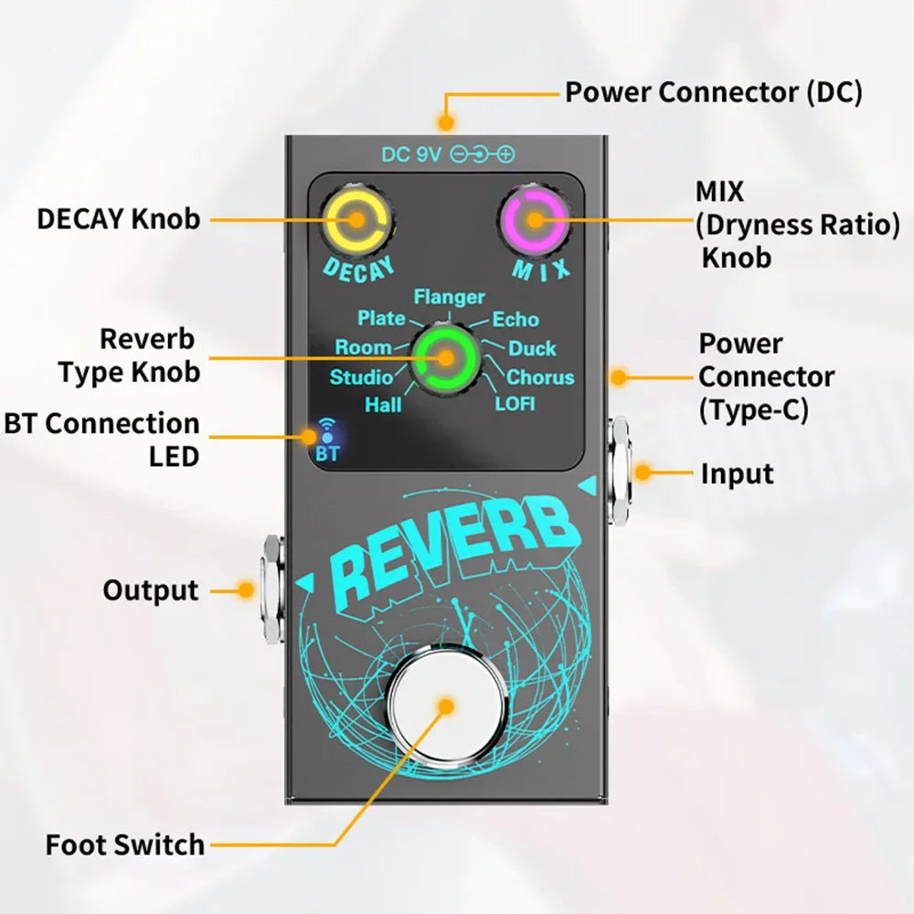 Guitar Effects Pedal Digital Reverb Guitar 9 Different Reverb Guitar Effect Pedal Wireless Accompaniment DECAY/MIX Luminous