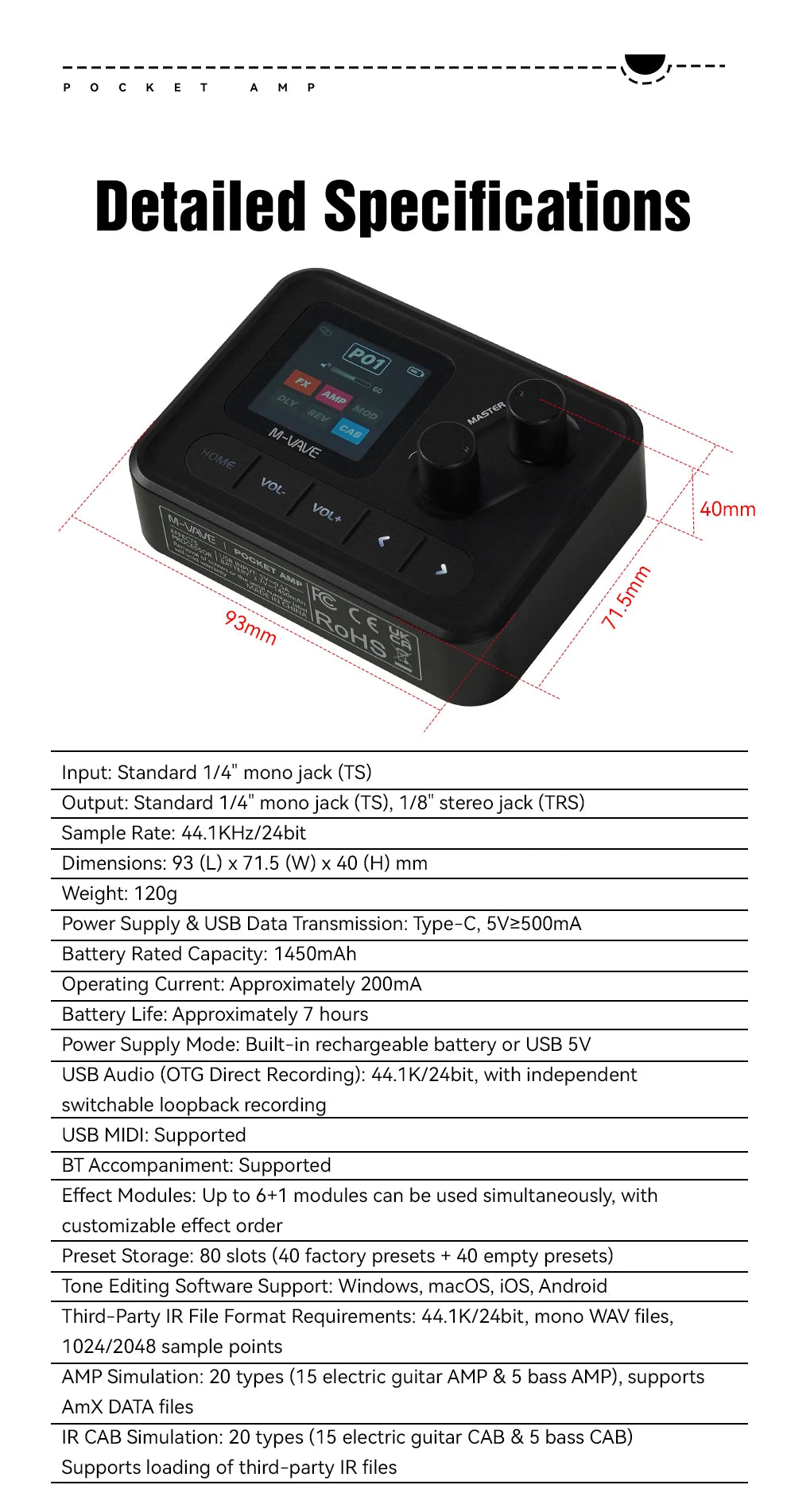 M-VAVE Pocket AMP Mini Guitar Bass Amp 1.54 LCD Color Screen 1450mAh Custom Multi-Function APP Control Desktop Effects Processor