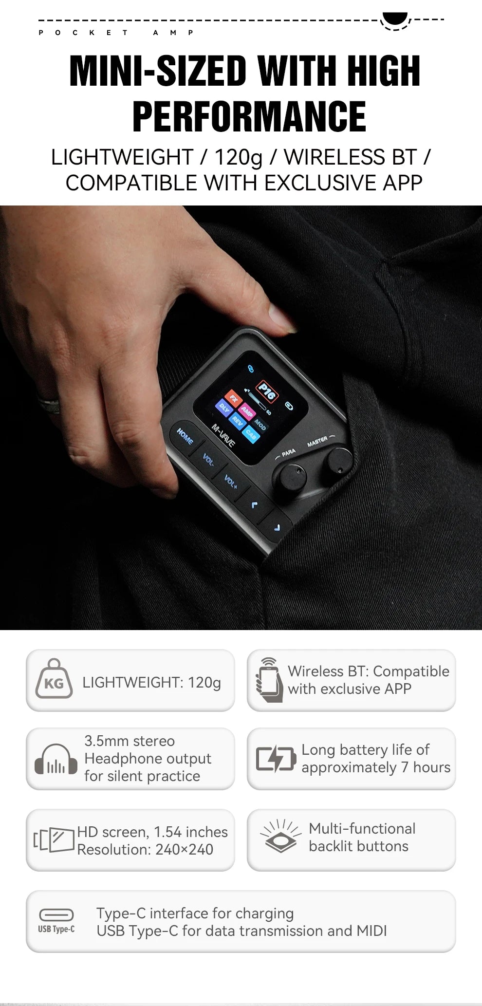 M-VAVE Pocket AMP Mini Guitar Bass Amp 1.54 LCD Color Screen 1450mAh Custom Multi-Function APP Control Desktop Effects Processor