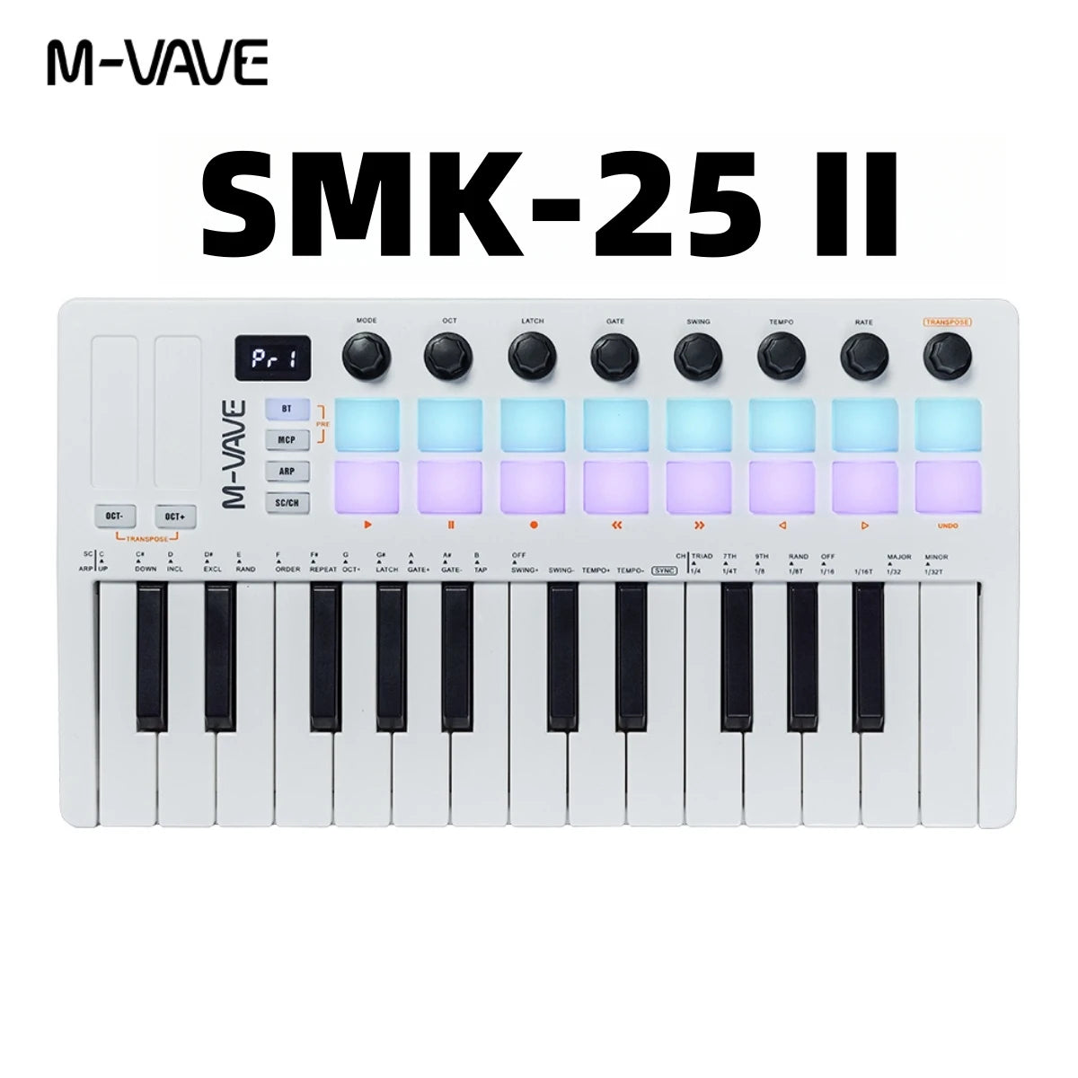 M-VAVE SMK-25 II MIDI Pad Controller Keyboard USB Mini 25 Key,16 RGB Drum Pads,8 Knobs and Music Production,Software Included