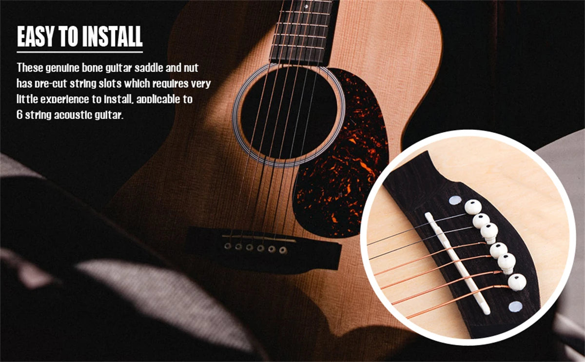 Guitar Bridge 1pairs 6/12 String Acoustic, Classical, YMH Real Bone Guitar Nut Saddle, Unbleached and White, Made of Bovine Bone