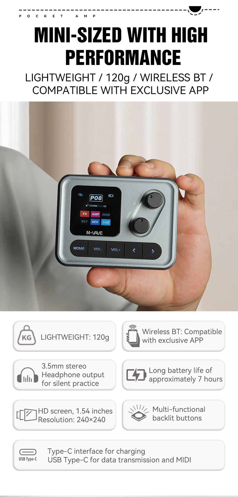M-VAVE POCKET AMP Mini Guitar Bass Amp 1.54" LCD Color Screen APP Control Multi-Function Desktop Effects Processor Pedal