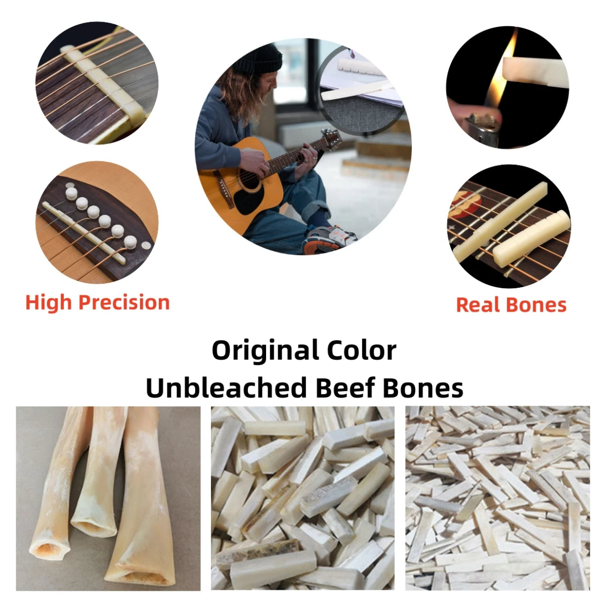 Guitar Bridge 1pairs 6/12 String Acoustic, Classical, YMH Real Bone Guitar Nut Saddle, Unbleached and White, Made of Bovine Bone