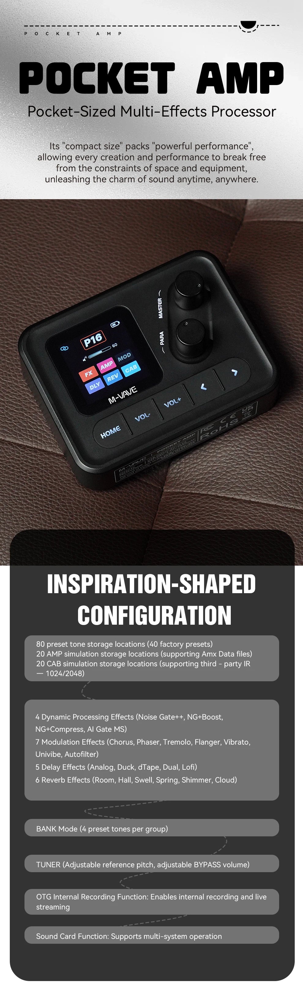 M-VAVE Pocket AMP Mini Guitar Bass Amp 1.54 LCD Color Screen 1450mAh Custom Multi-Function APP Control Desktop Effects Processor