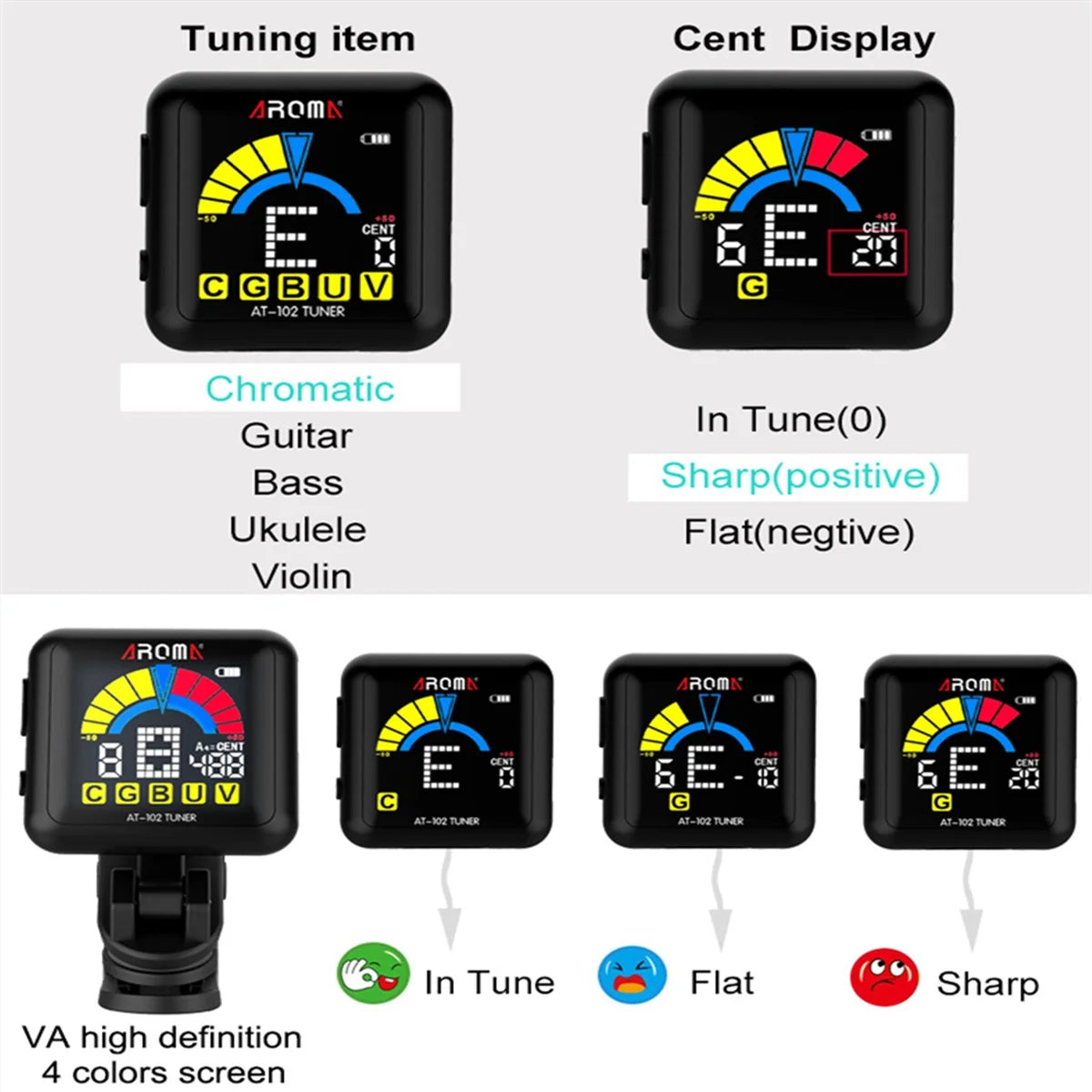 AROMA Rechargeable tuner AT-102 Black, USB Rechargeable Built‑in Battery  Large LCD 360 Degree for Guitar/Bass/Ukulele/Violin