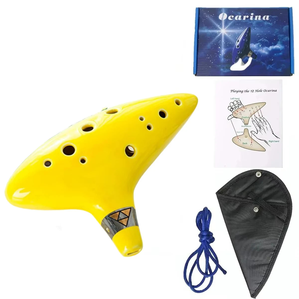 Ocarina,12 Tones Alto C Ceramic Ocarina Musical Instrument with Song Book Neck String Neck Cord Carry Bag, Blue