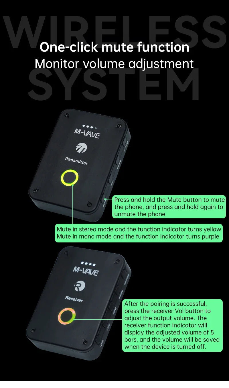 M-vave WP-9 Wireless Earphone Monitor 2.4G Rechargeable Transmitter Receiver with Volume Support Stereo Mono Mute Function