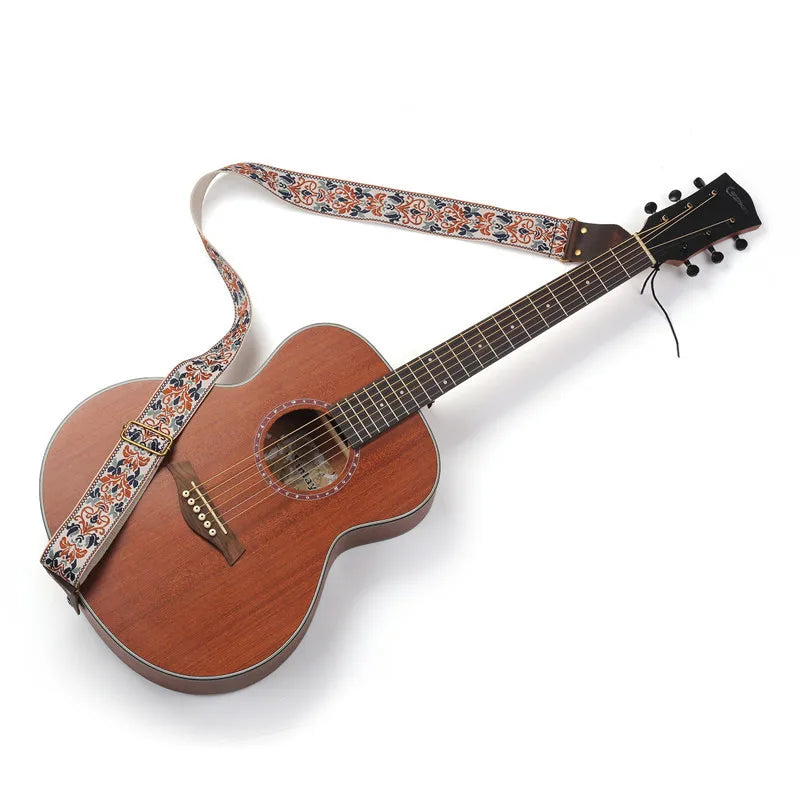 Miwayer Embroidered Guitar Strap Soft Vintage Flowers Adjustable Creative Watch Bands Cotton Belt & Leather Head