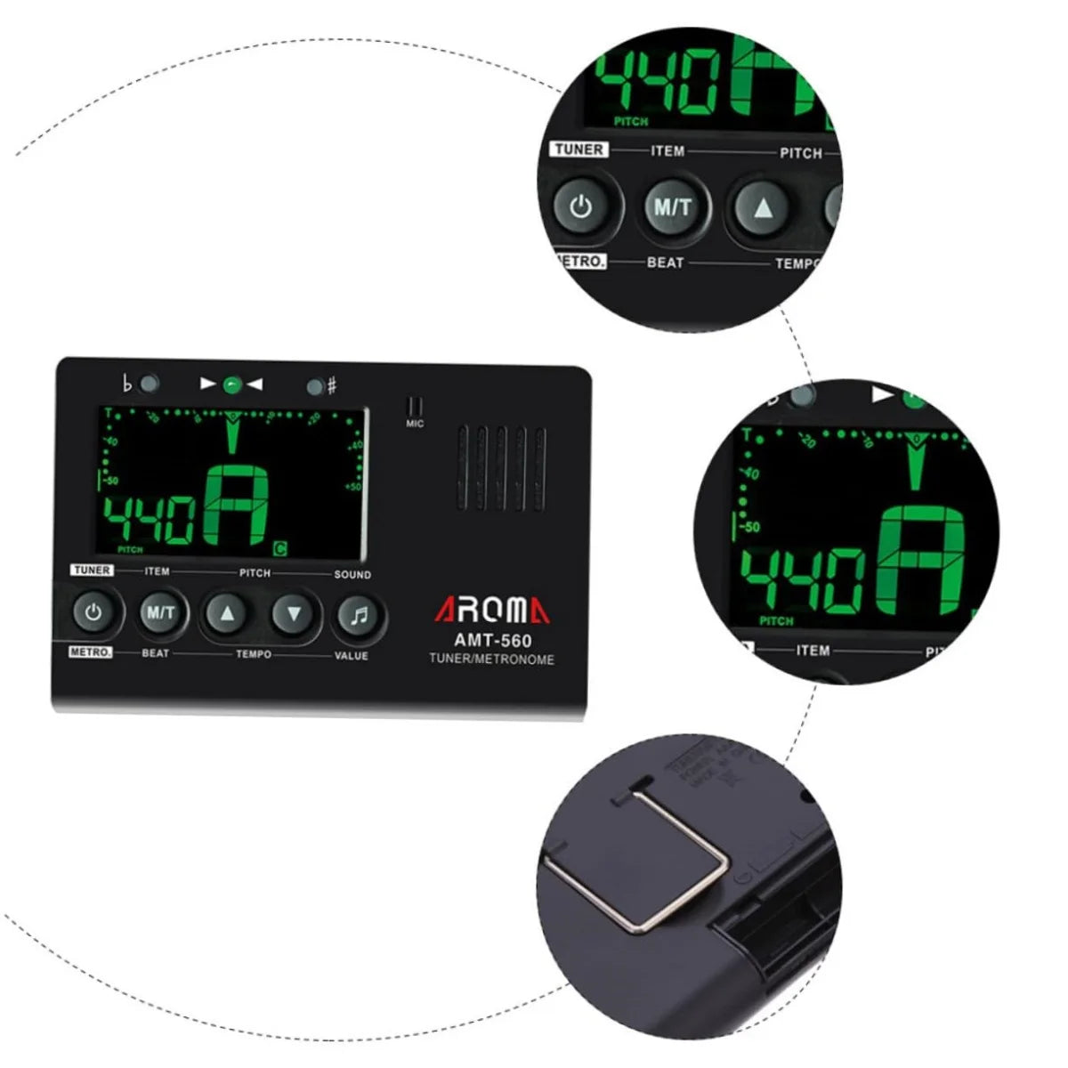 Aroma AMT-560 3 in 1 Electric Guitar Metronome Tuner Built-in Mic w/ Pickup Cable 6.3mm for Guitar Chromatic Bass Violin Ukulele