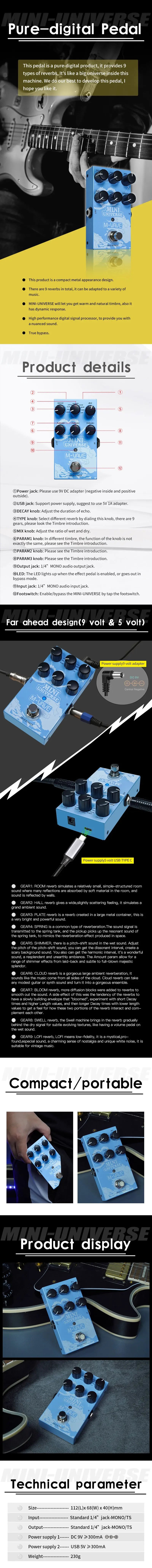 M-VAVE MINI UNIVERSE mixing console M-vape Mini Universe digital reverb pedal, analog reverb guitar, pedal 9 reverb tone pedal