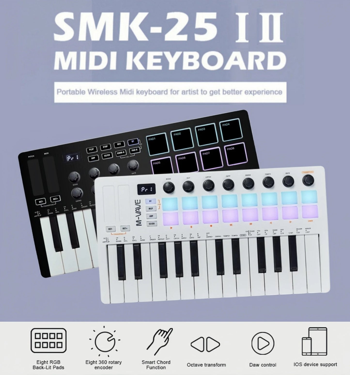 M-VAVE SMK-25 II MIDI Pad Controller Keyboard USB Mini 25 Key,16 RGB Drum Pads,8 Knobs and Music Production,Software Included