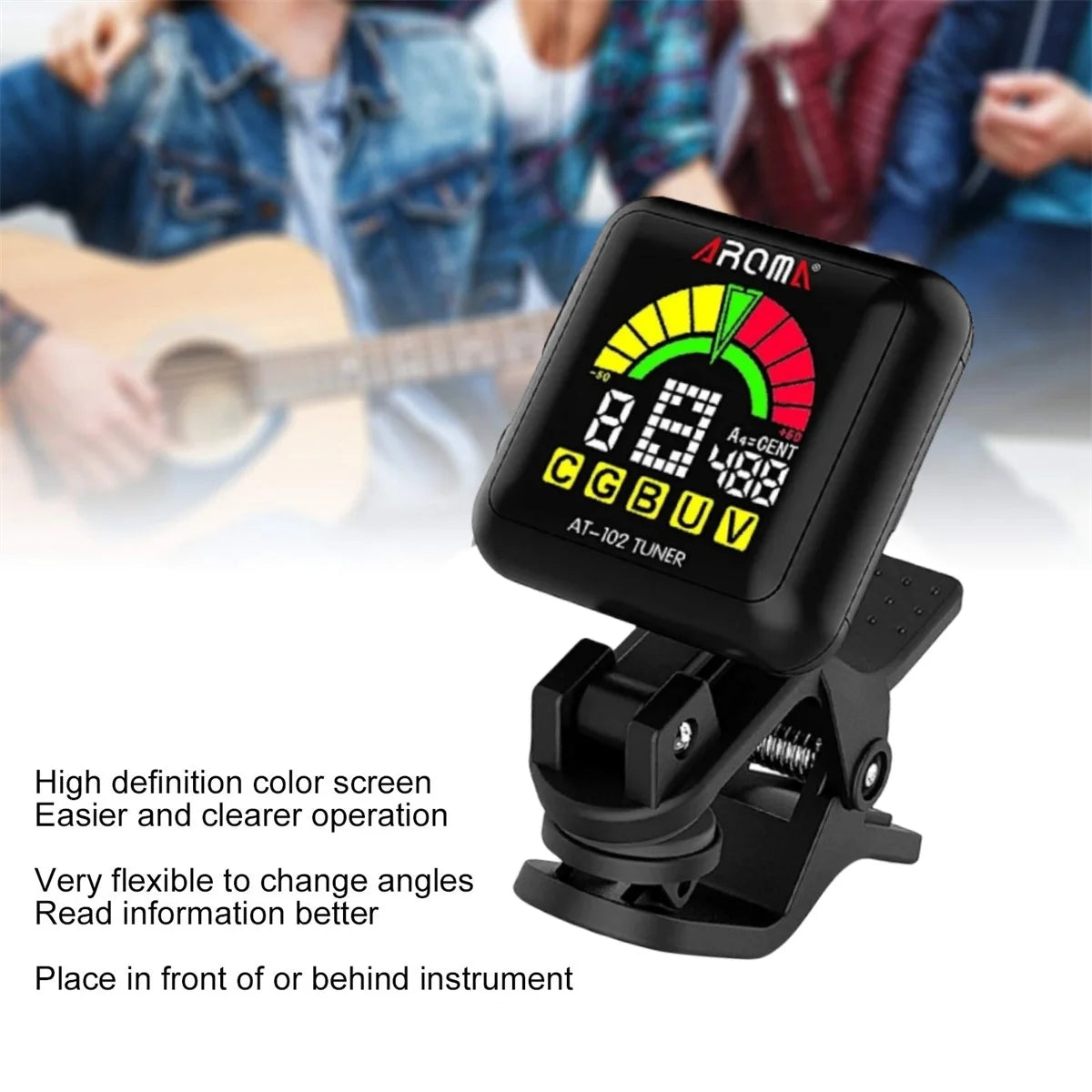 AROMA Rechargeable tuner AT-102 Black, USB Rechargeable Built‑in Battery  Large LCD 360 Degree for Guitar/Bass/Ukulele/Violin