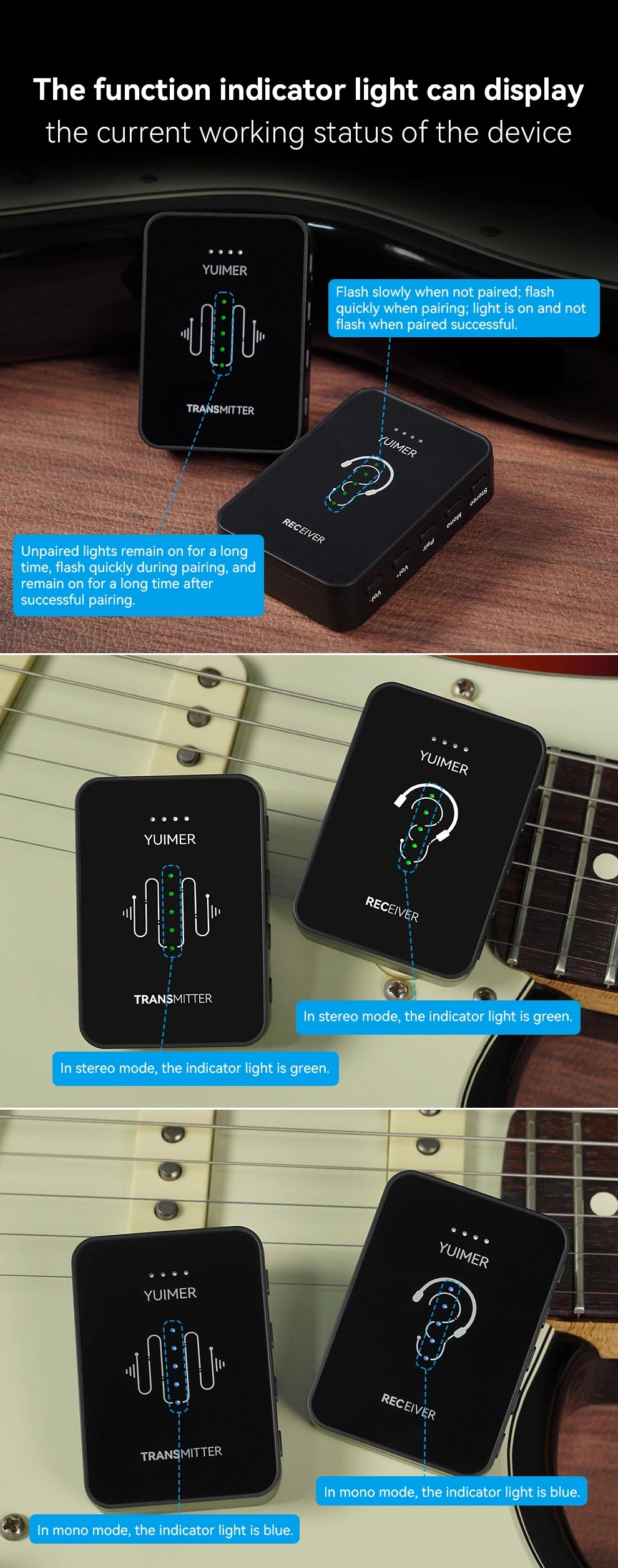 Yuimer SWS-14 2.4G Wireless Earphone Monitor Rechargeable Transmitter Receiver Support Stereo Mono Recording Function