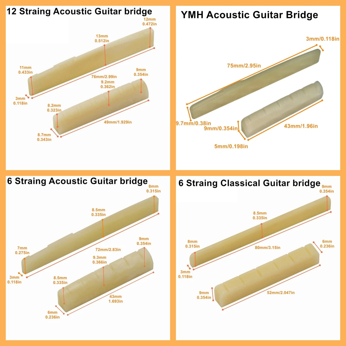 Miwayer 1 Pair 6-12 String Acoustic Classical Guitar Unbleached Bone Bridge Multiple Saddle and Nut Made of Real Bone