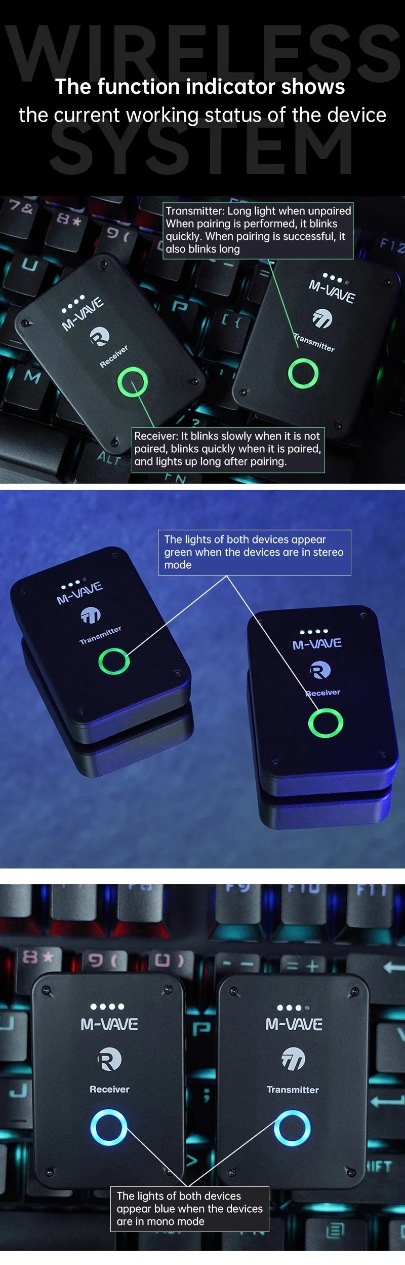 M-vave WP-9 Wireless Earphone Monitor 2.4G Rechargeable Transmitter Receiver with Volume Support Stereo Mono Mute Function