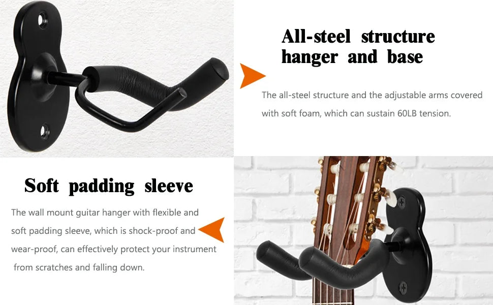 Metal Guitar Hanger Hook Wall Mount Non-slip Holder Stand Rotatable 360°for Electric Guitar Ukulele Instrument Accessories