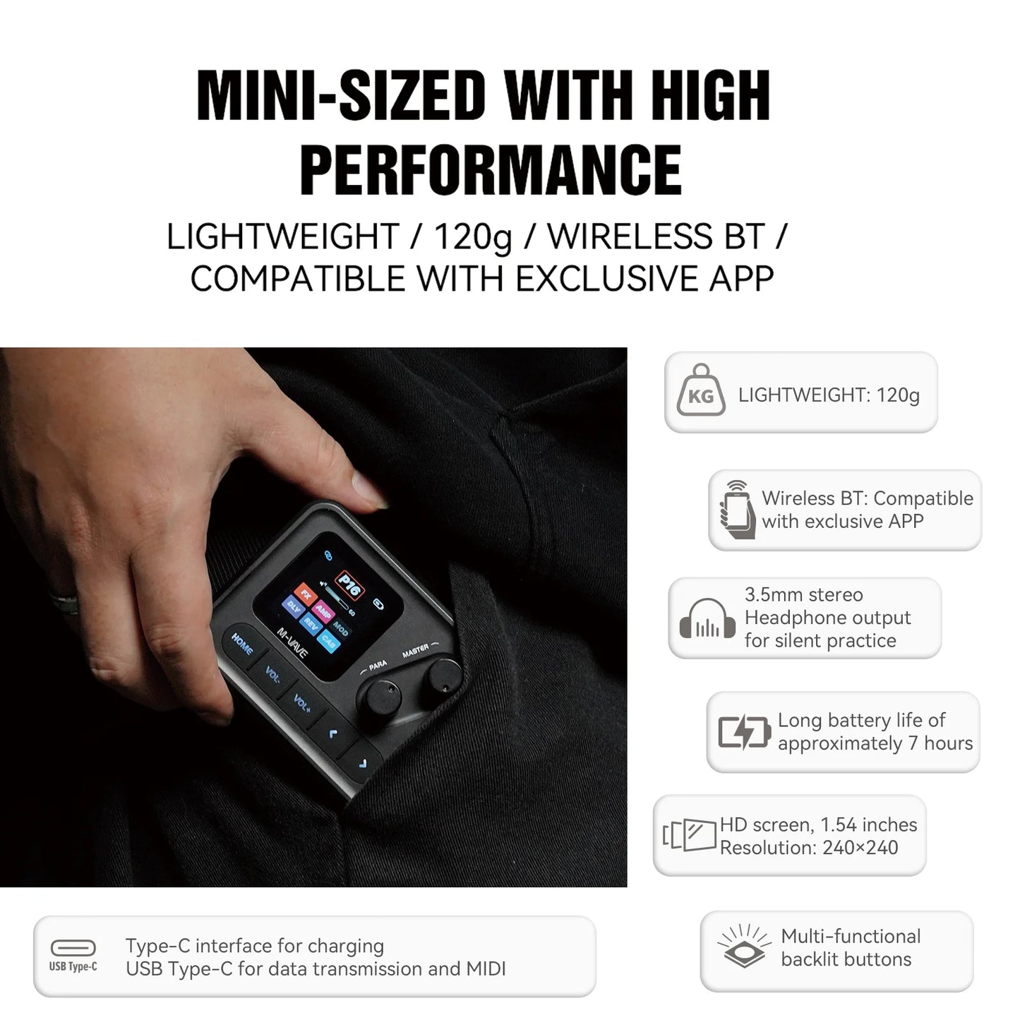 M-VAVE Pocket AMP Mini Guitar Bass Amp 1.54 LCD Color Screen 1450mAh Custom Multi-Function APP Control Desktop Effects Processor