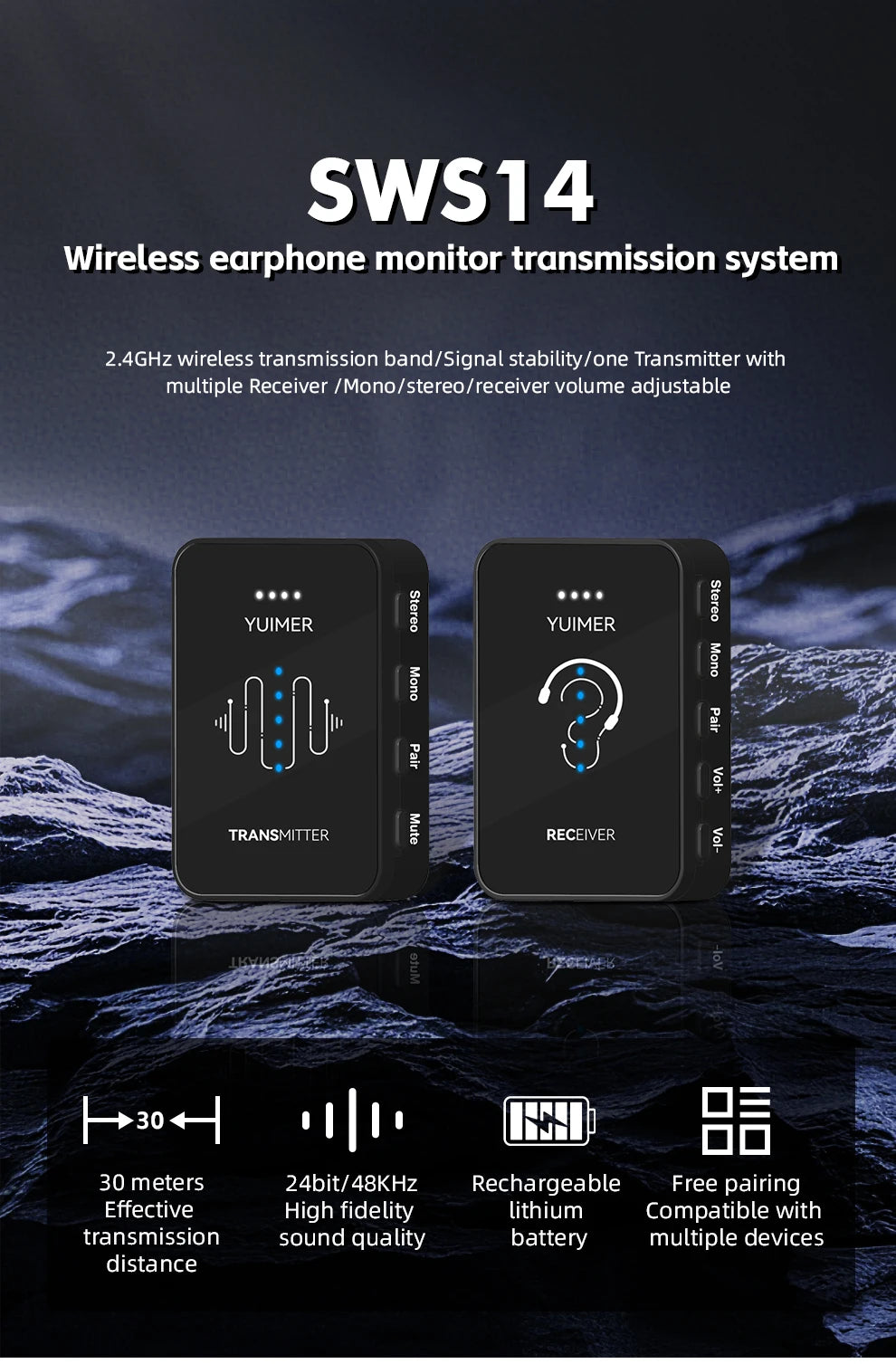 Yuimer SWS-14 2.4G Wireless Earphone Monitor Rechargeable Transmitter Receiver Support Stereo Mono Recording Function
