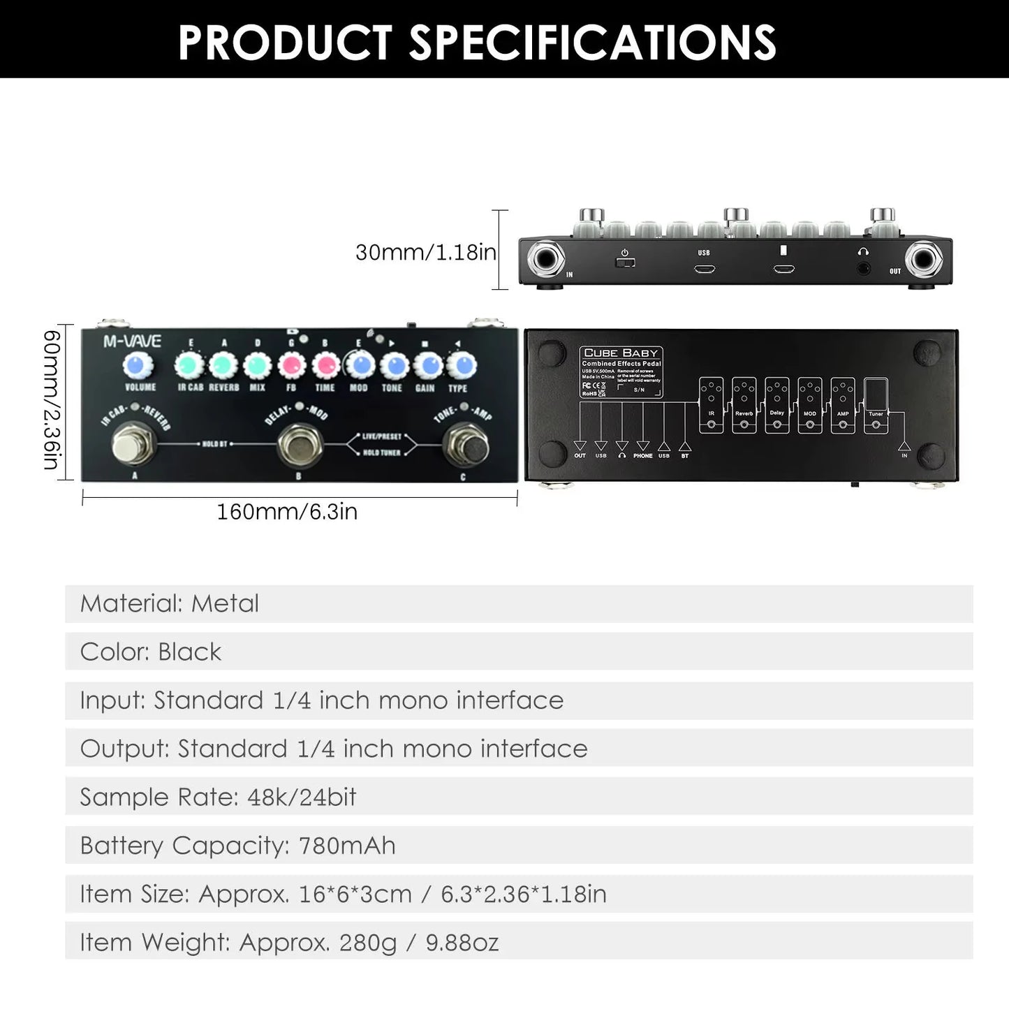 M-VAVE Cube BABY Multi Effects Pedal for Electric Guitar/Bass/Acoustic Guitar 8 IR Cabinets Simulation M-vave Rechargeable Pedal