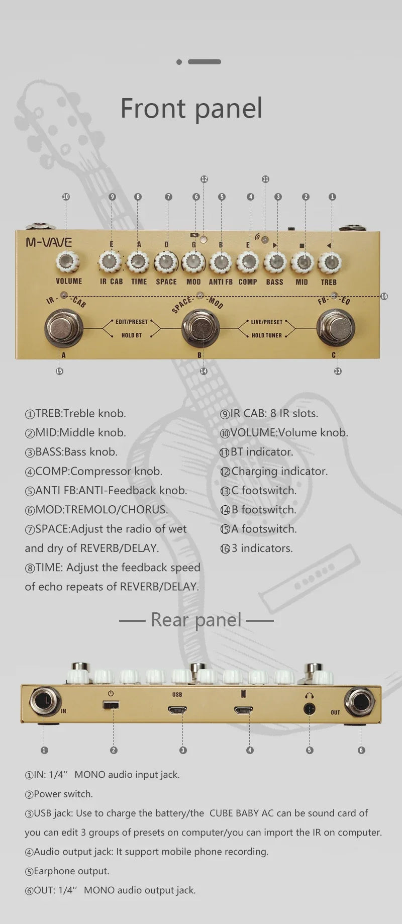 M-VAVE Cube BABY Multi Effects Pedal for Electric Acoustic Guitar Recording Audio Interface Function Rechargeable Guitar Pedal