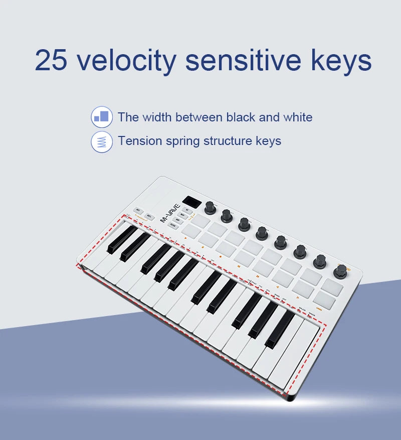 M-VAVE SMK-25 II MIDI Pad Controller Keyboard USB Mini 25 Key,16 RGB Drum Pads,8 Knobs and Music Production,Software Included