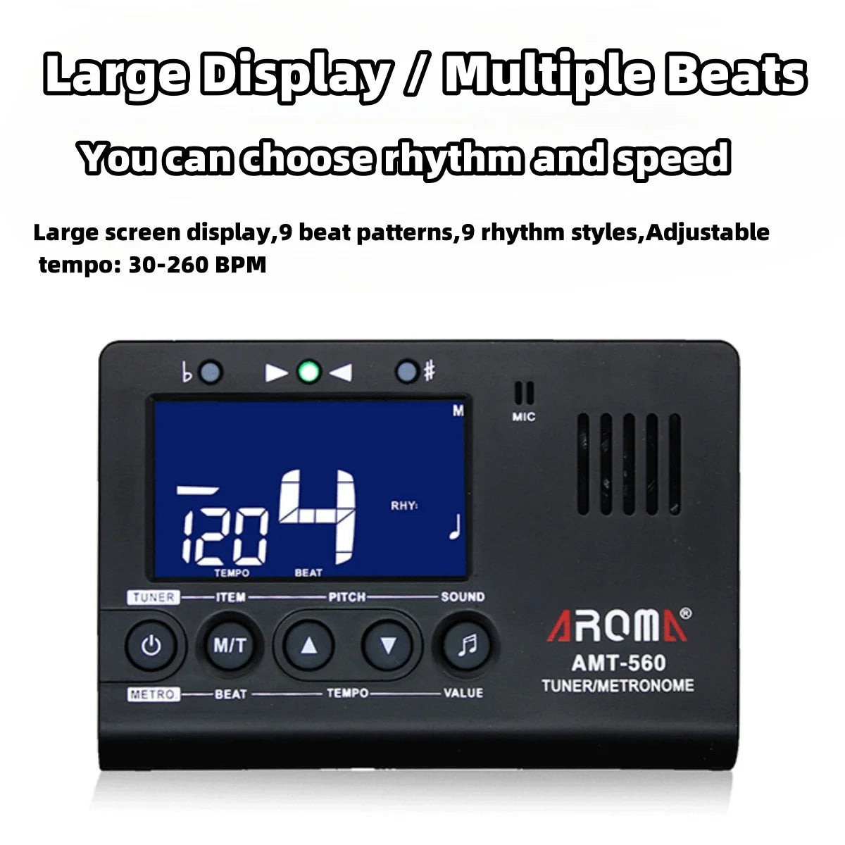 Aroma AMT-560 3 in 1 Electric Guitar Metronome Tuner Built-in Mic w/ Pickup Cable 6.3mm for Guitar Chromatic Bass Violin Ukulele