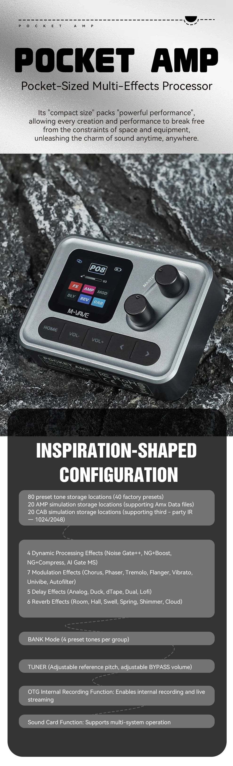 M-VAVE POCKET AMP Mini Guitar Bass Amp 1.54" LCD Color Screen APP Control Multi-Function Desktop Effects Processor Pedal