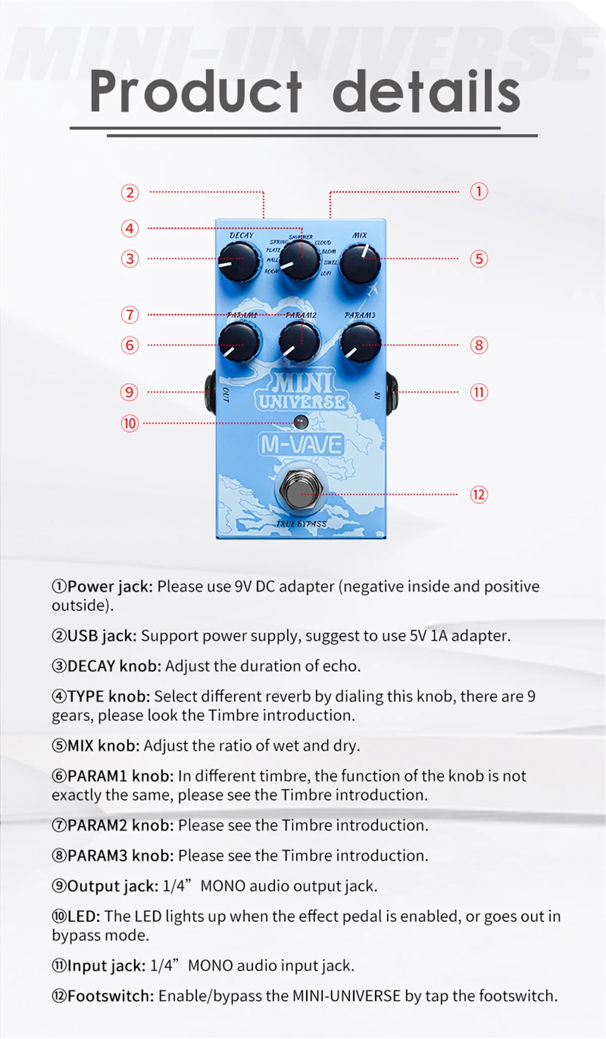M-VAVE Mini Universe Guitar Effect Pedal Digital Reverb Pedal Digital Modeling Reverberation Effector & 9-Mode Reverb Selection