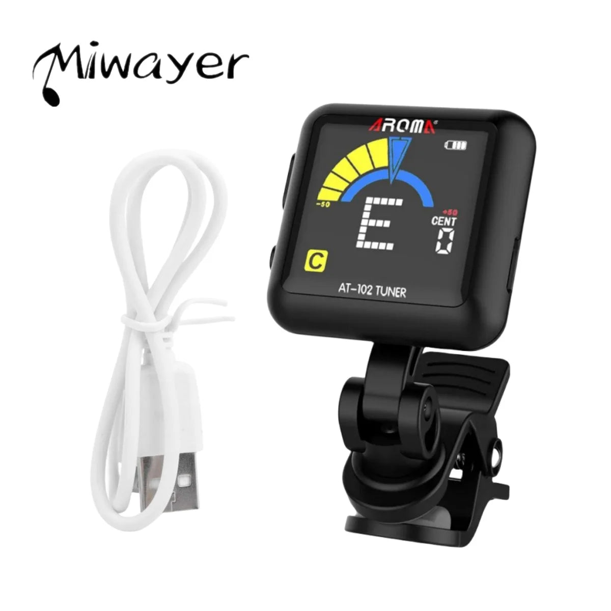 AROMA Rechargeable tuner AT-102 Black, USB Rechargeable Built‑in Battery  Large LCD 360 Degree for Guitar/Bass/Ukulele/Violin