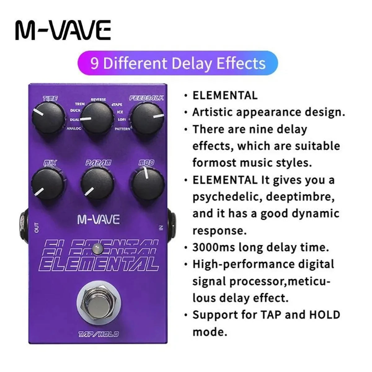 M-vave Elemental Digital Delay Pedal, Delay Guitar Pedal, Support for TAP and HOLD Mode, 9 Different Delay Effects