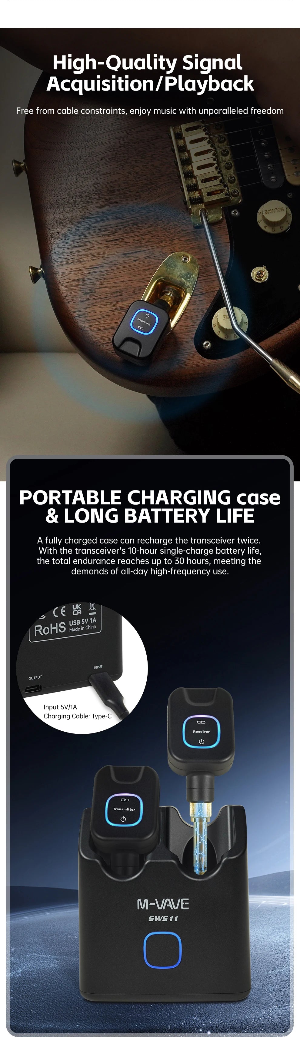 M-VAVE SWS11 Wireless Guitar System 5.8GHz Digital Wireless Guitar Transmitter and Receiver with Portable Charging Case ﻿