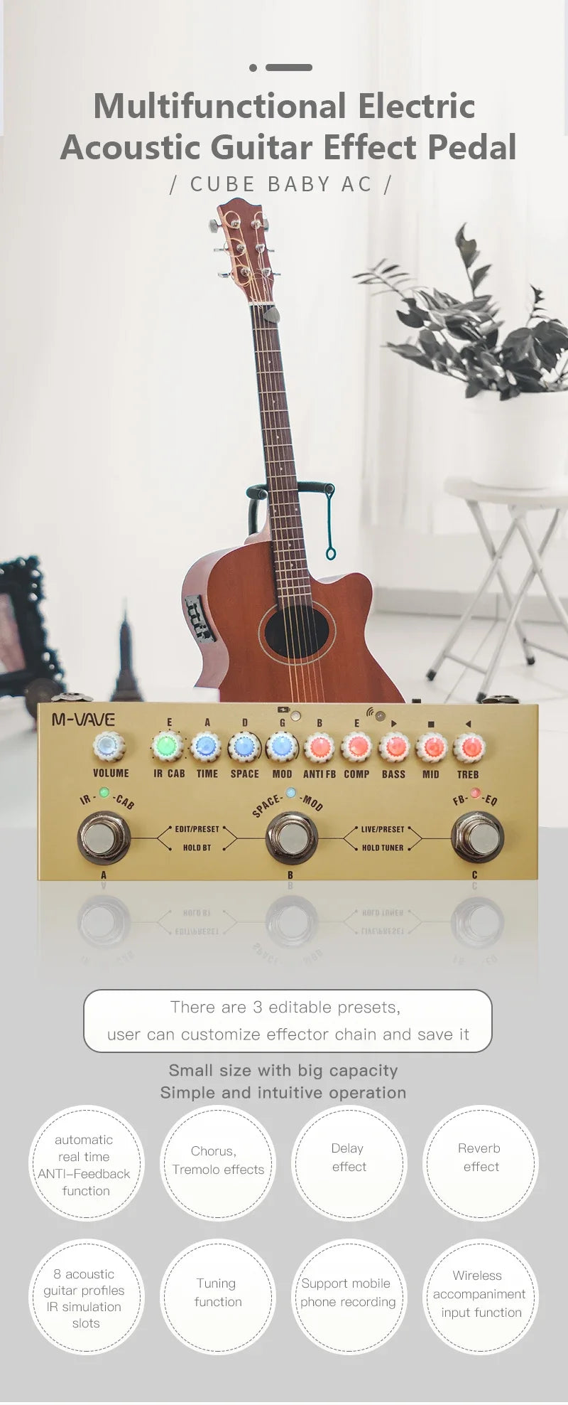 M-VAVE Cube BABY Multi Effects Pedal for Electric Acoustic Guitar Recording Audio Interface Function Rechargeable Guitar Pedal