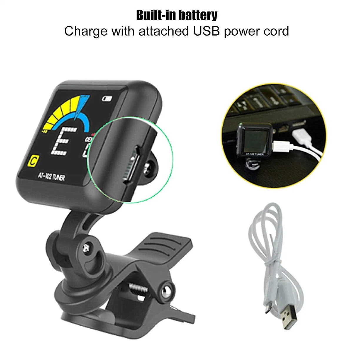 AROMA Rechargeable tuner AT-102 Black, USB Rechargeable Built‑in Battery  Large LCD 360 Degree for Guitar/Bass/Ukulele/Violin