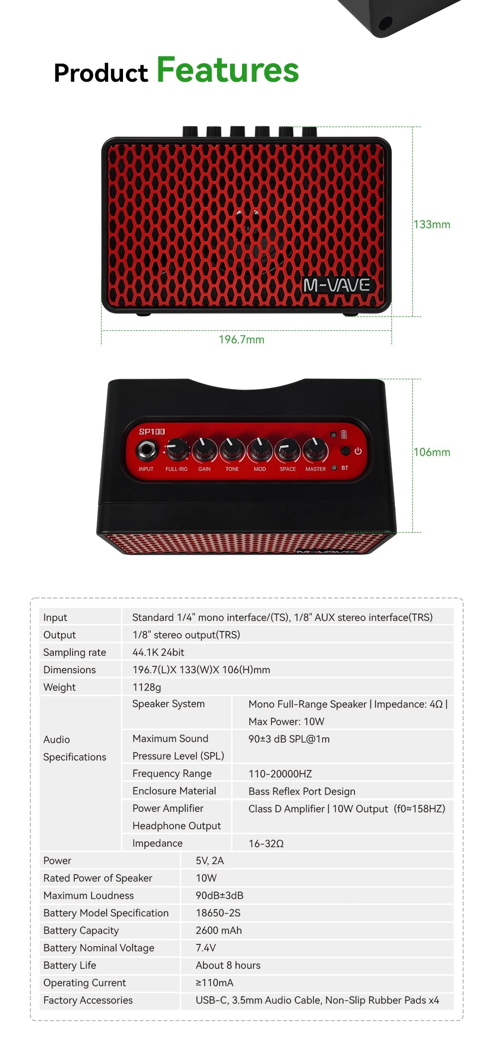 M-VAVE SP100 Speaker 10W Electric Guitar Speaker Built-in Box Head Box Simulates Outdoor Performance Portable Mini Speaker Gifts